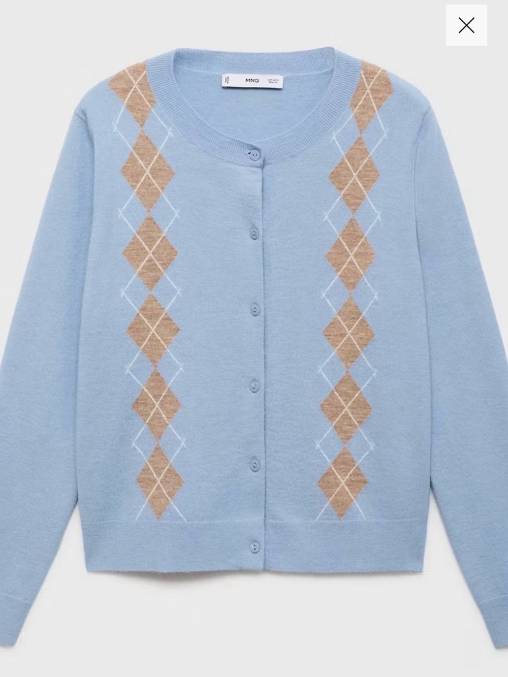Mango Light Blue Argyle Button Cardigan with Tan Diamonds